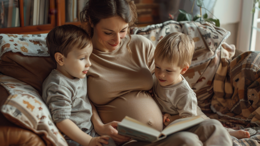 Pregnant mother reading with children