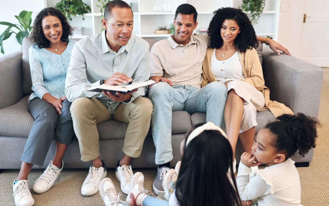 Family reading Bible together and growing closer