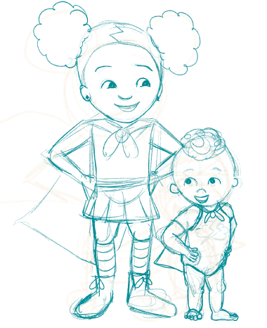 Illustration of superhero brother and sister by author Charlotte Glaze